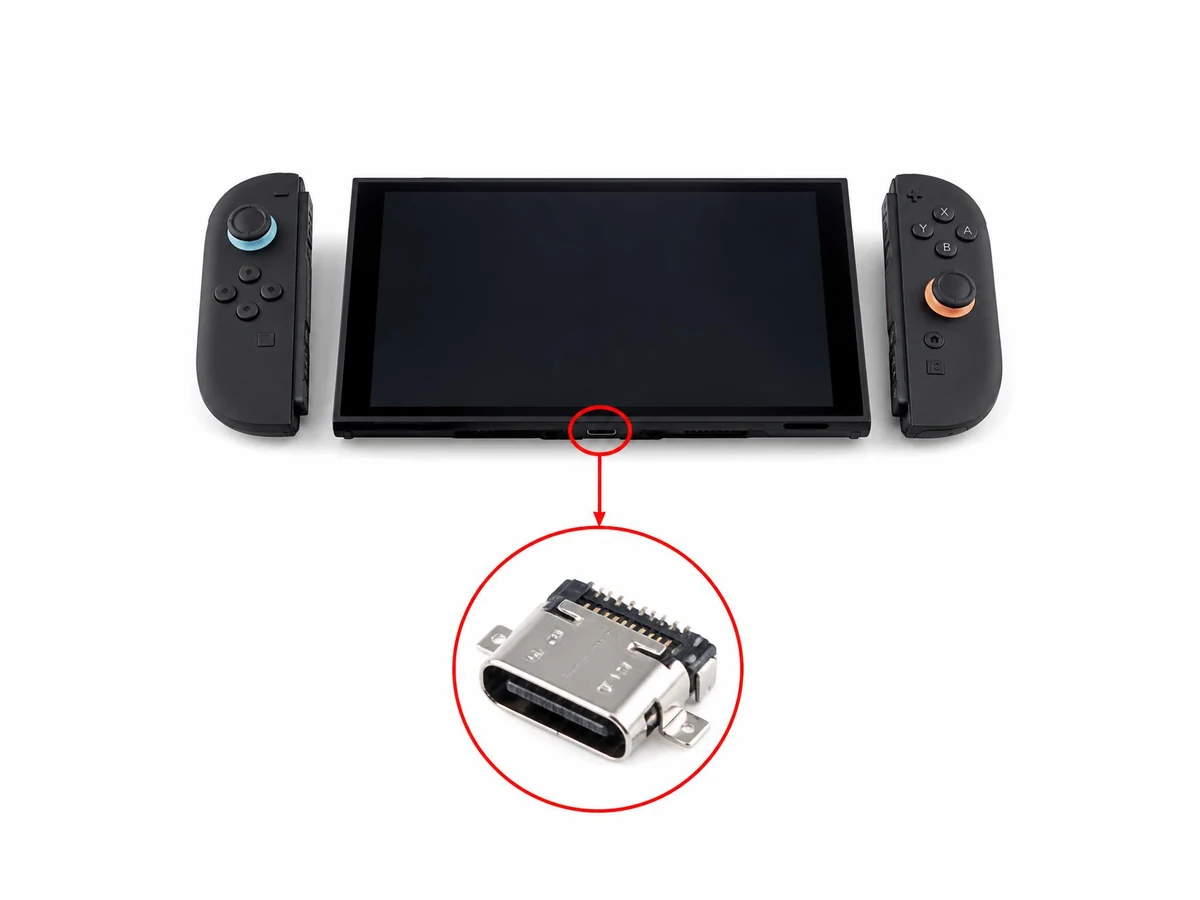 Nintendo Switch 2 USB-C charging port highlighted with a replacement port close-up