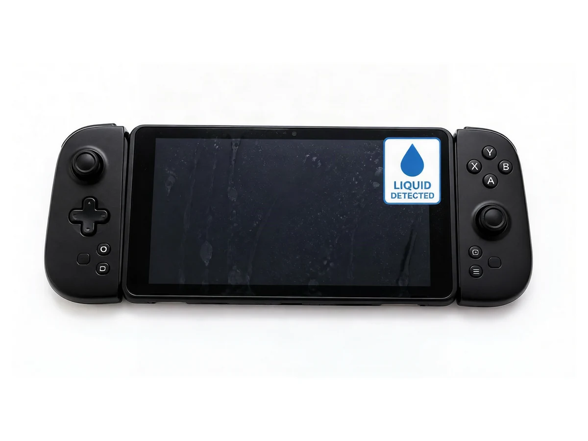 Nintendo Switch 2 with a water-droplet symbol for liquid exposure service