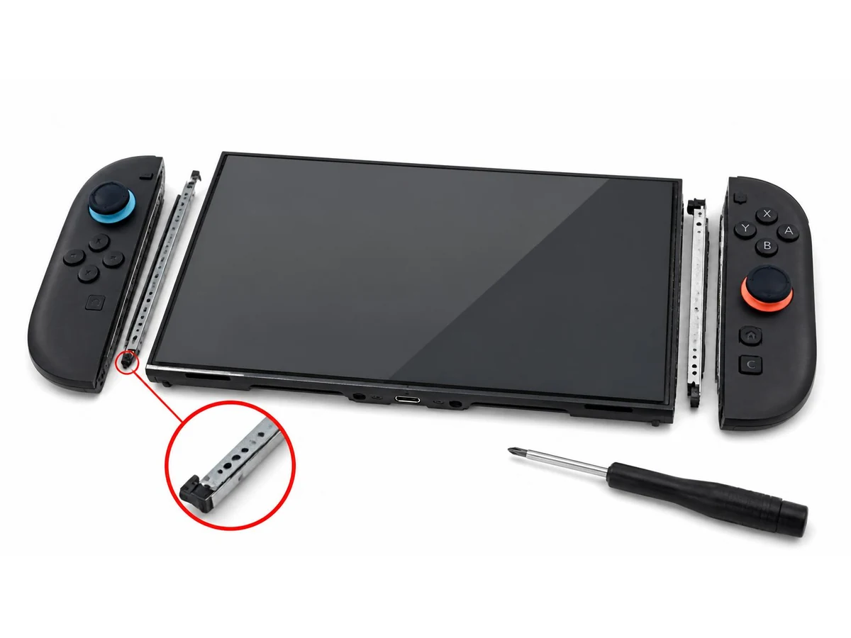 Nintendo Switch 2 with the console-side controller rail exposed for replacement