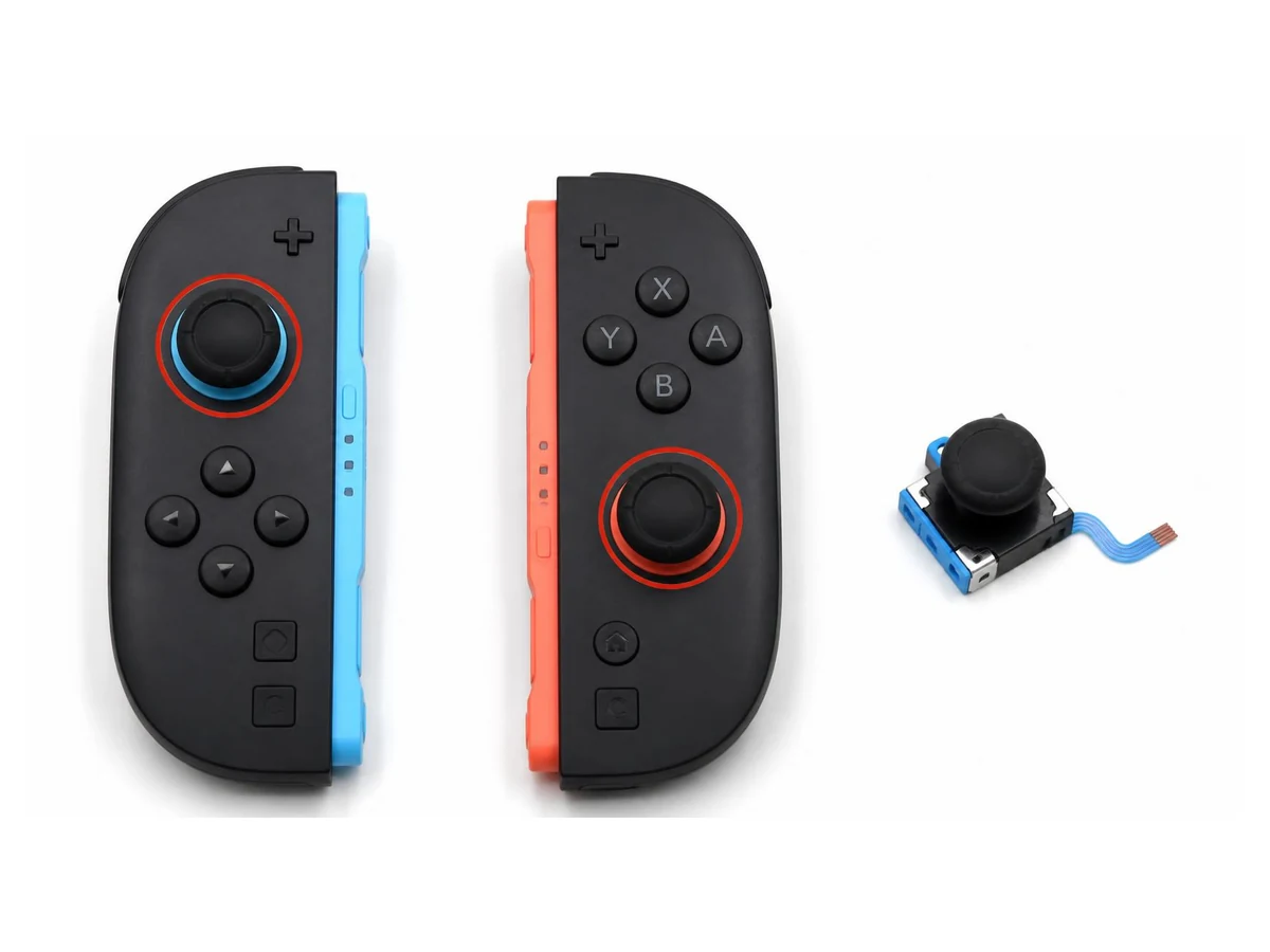 Nintendo Switch 2 controllers with both analog sticks highlighted and a replacement joystick shown