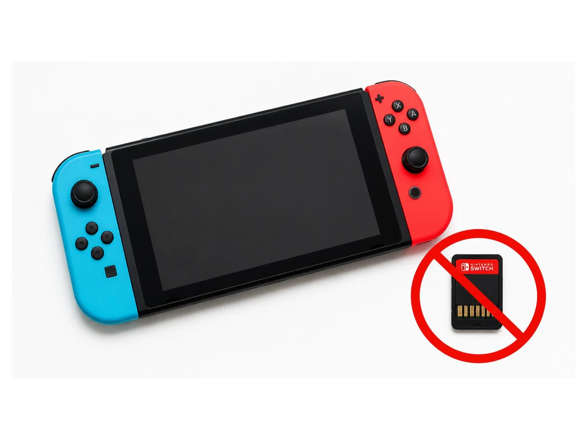 Nintendo Switch beside a highlighted game cartridge for game-card reader service