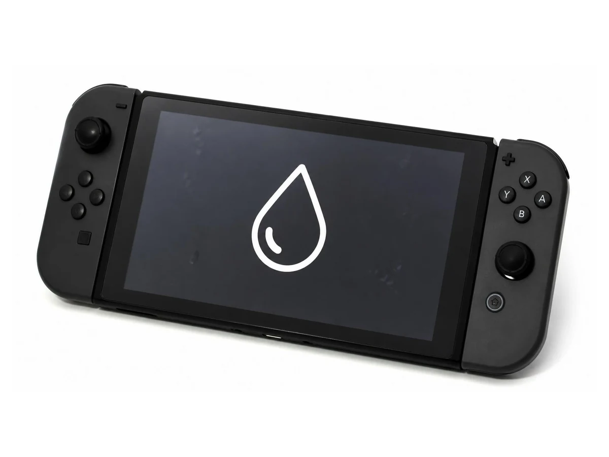 Nintendo Switch console with a large water-droplet symbol for liquid exposure service