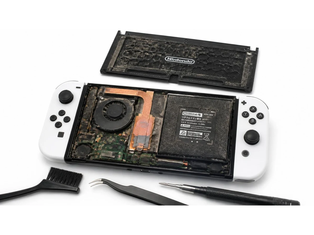 Nintendo Switch OLED opened for fan, heatsink, and internal cleaning service