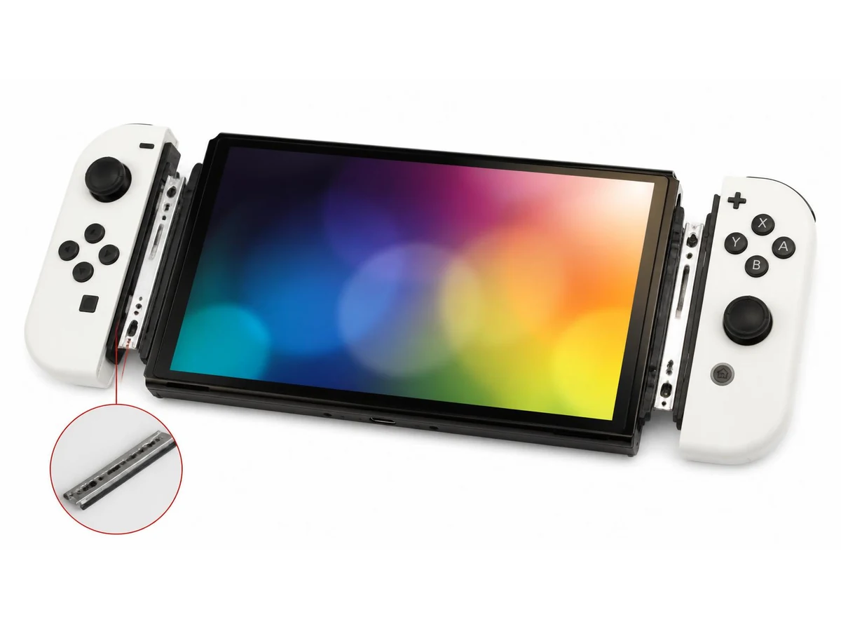 Nintendo Switch OLED with both console-side Joy-Con rails exposed for replacement
