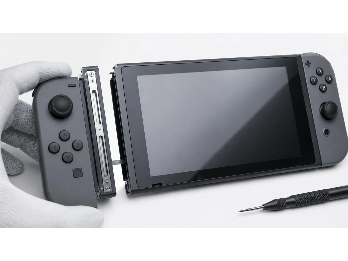 Nintendo Switch with the console-side Joy-Con rail exposed for replacement