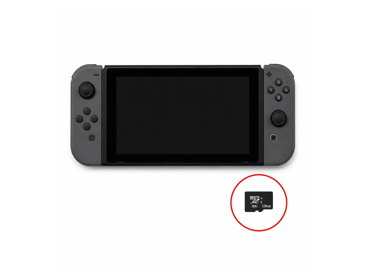 Nintendo Switch beside a highlighted microSD card for card-reader service