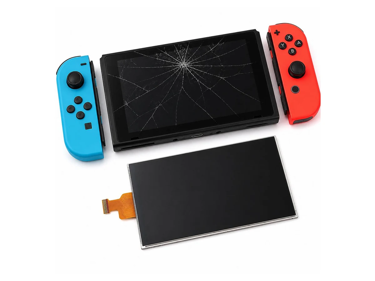 Nintendo Switch with a cracked display and replacement screen assembly