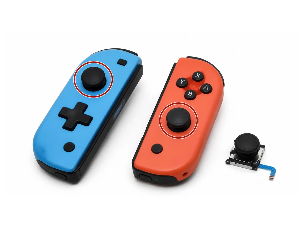 Nintendo Switch Joy-Con controllers with both analog sticks highlighted and a replacement joystick shown