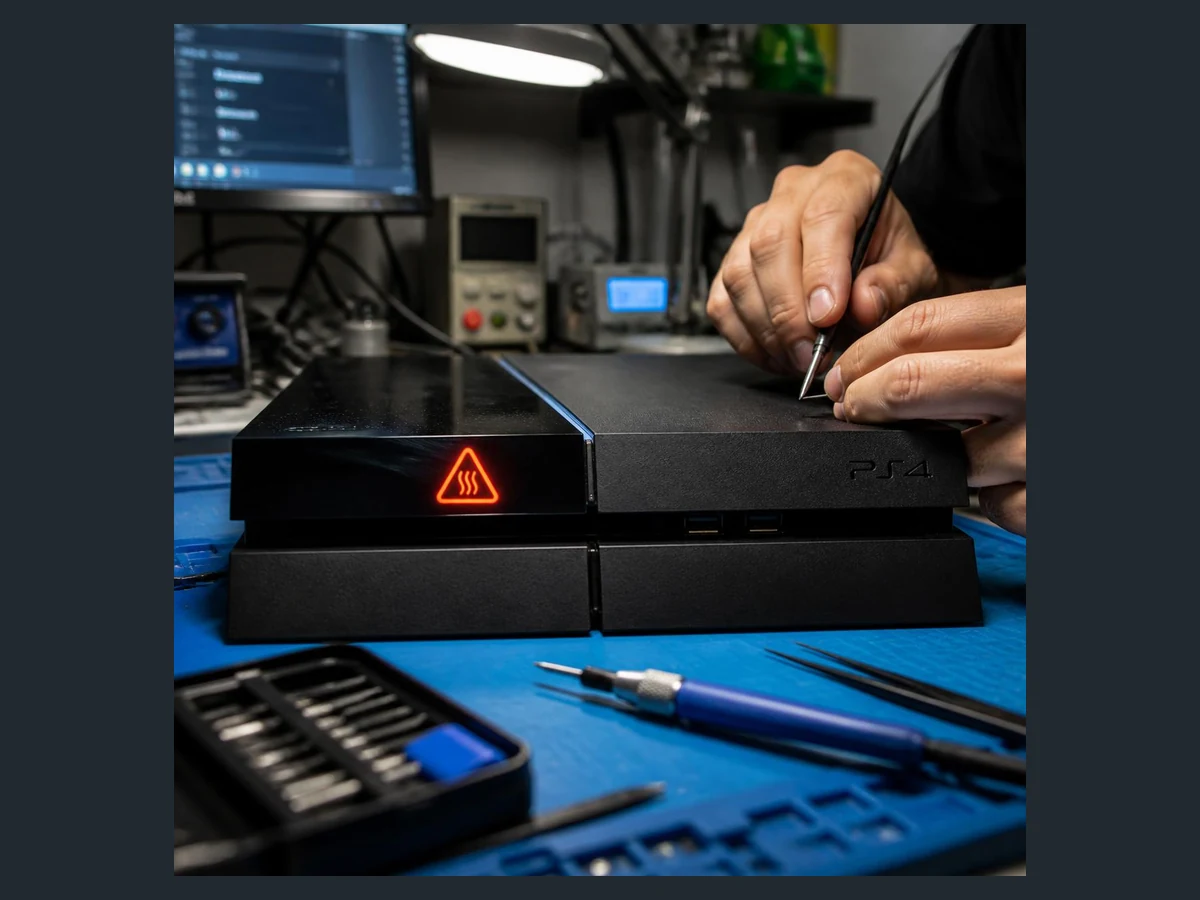 PlayStation 4 console on a repair bench with an overheating warning