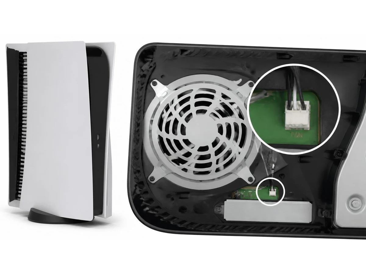 PlayStation 5 opened to show the cooling fan and highlighted fan connector