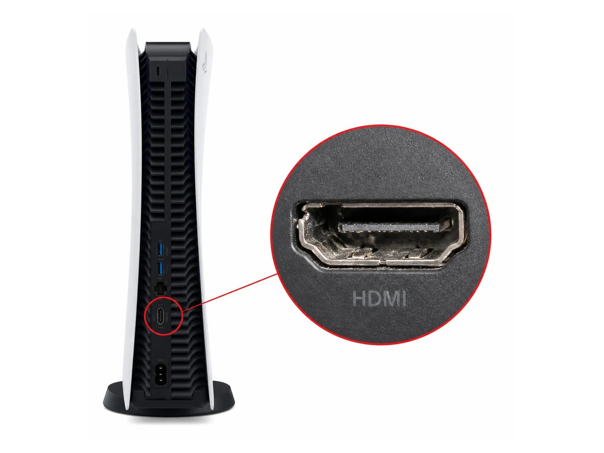 PlayStation 5 rear HDMI port highlighted with a close-up of the connector