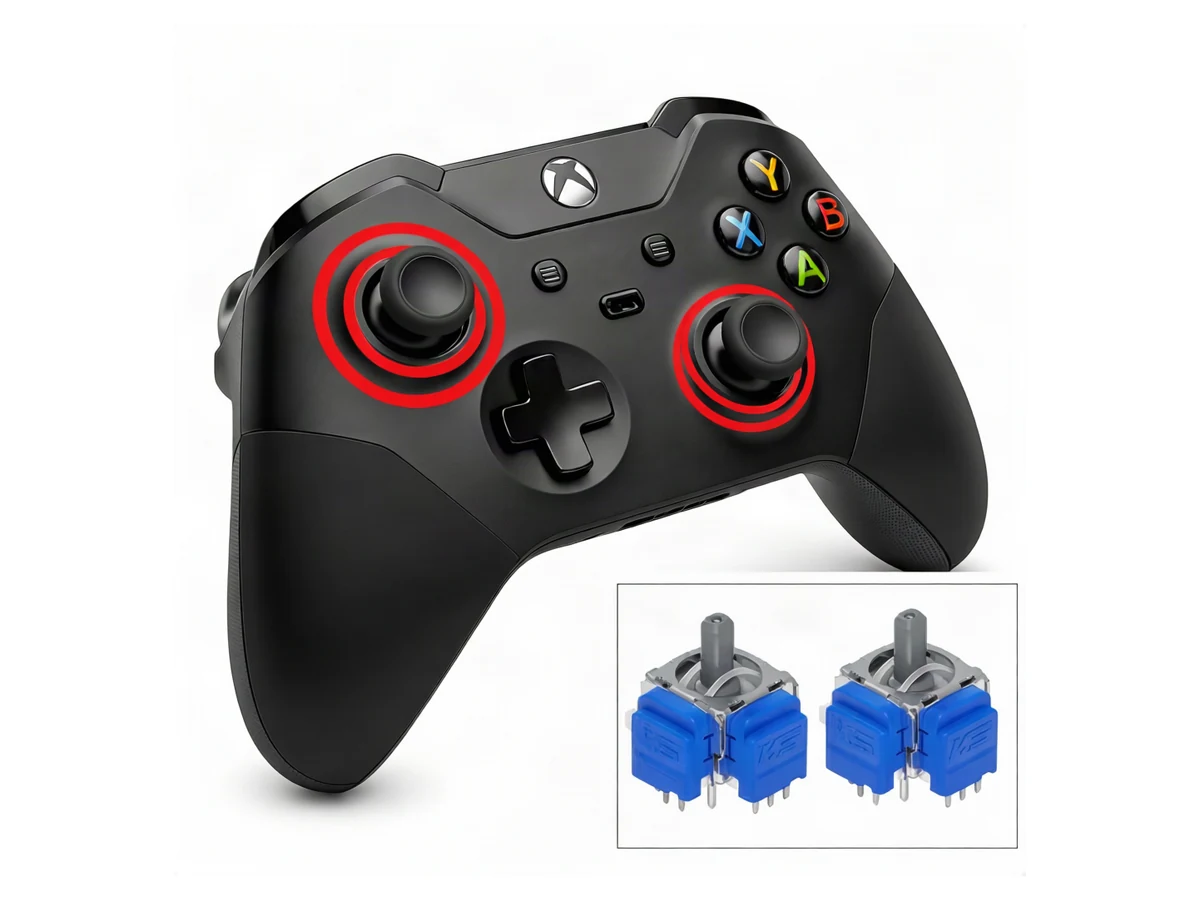 Xbox Elite Series 2 controller with both analog sticks highlighted and replacement modules shown