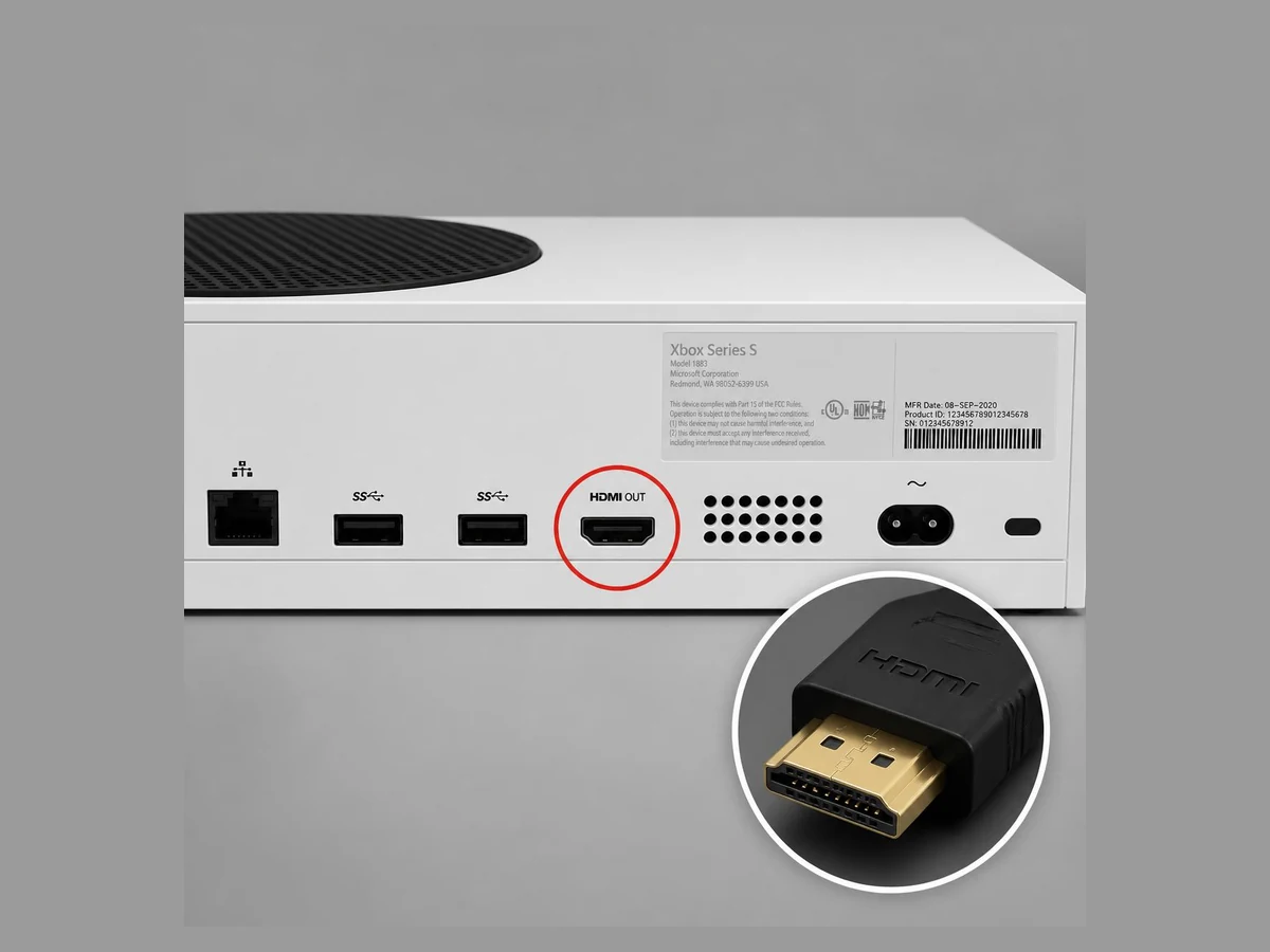Xbox Series S rear HDMI port highlighted with a connector close-up