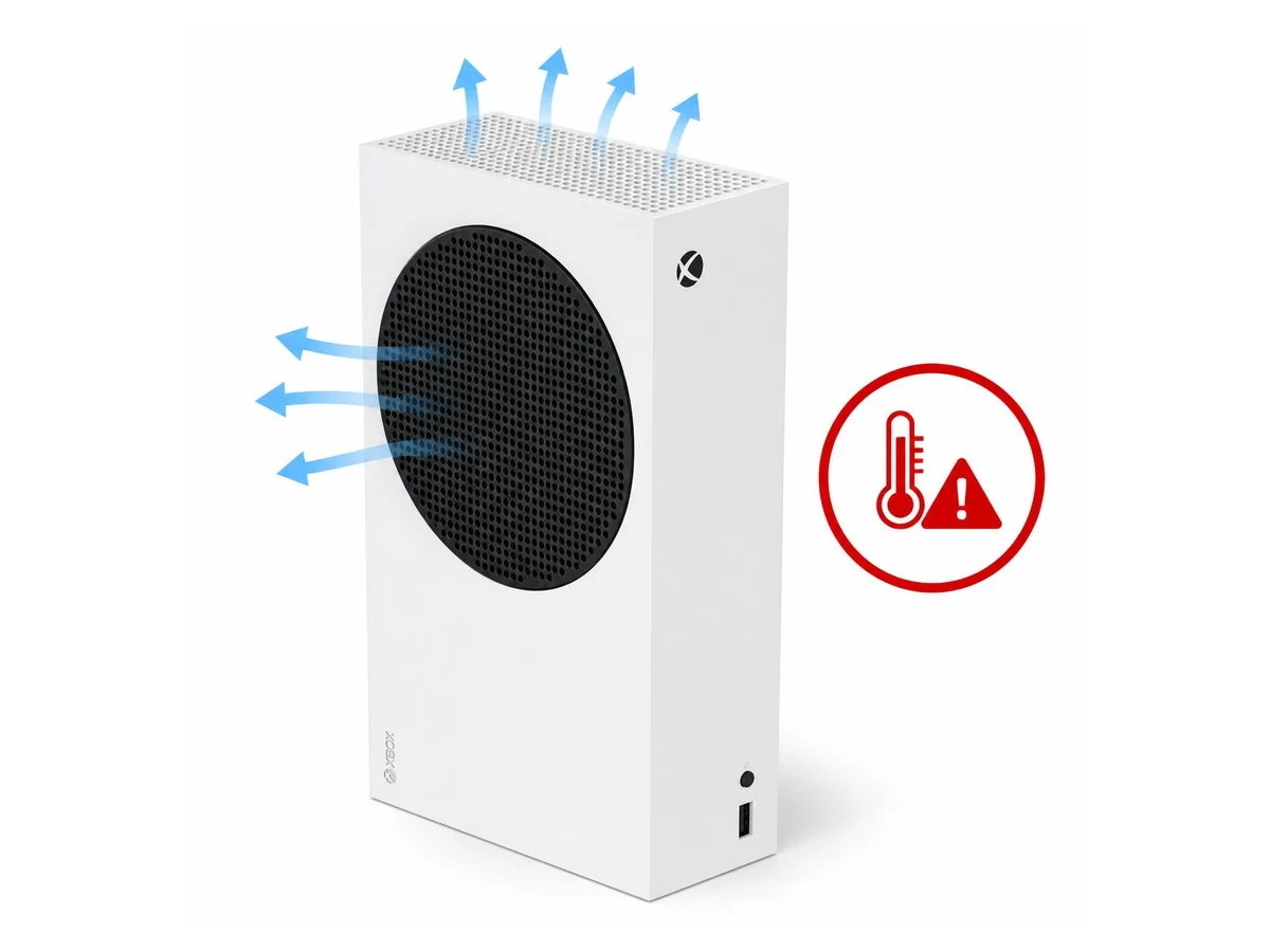 Xbox Series S console with airflow arrows and an overheating warning