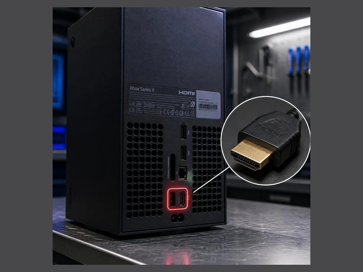 Xbox Series X rear HDMI port highlighted with a connector close-up