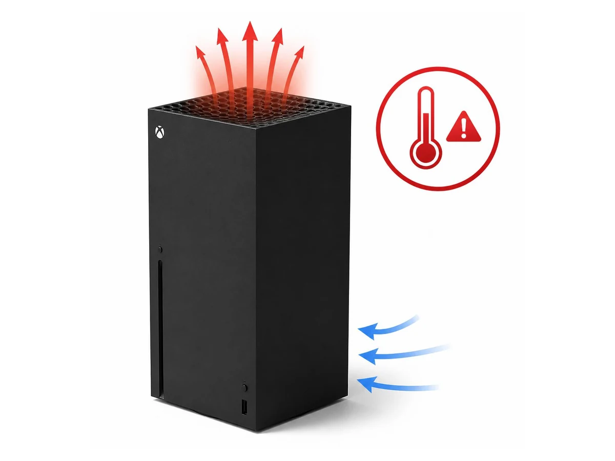 Xbox Series X console with airflow arrows and an overheating warning