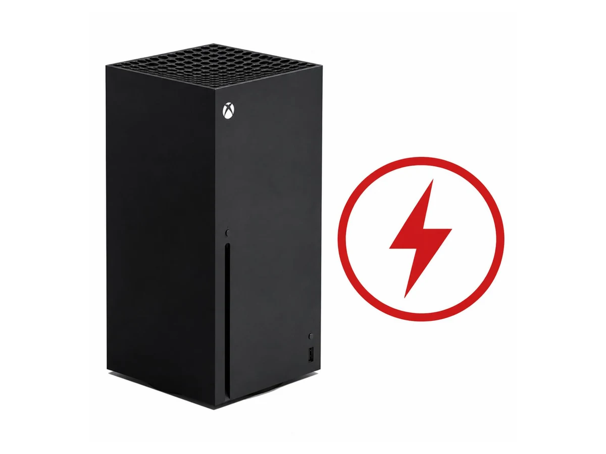Xbox Series X console with a power-fault lightning symbol