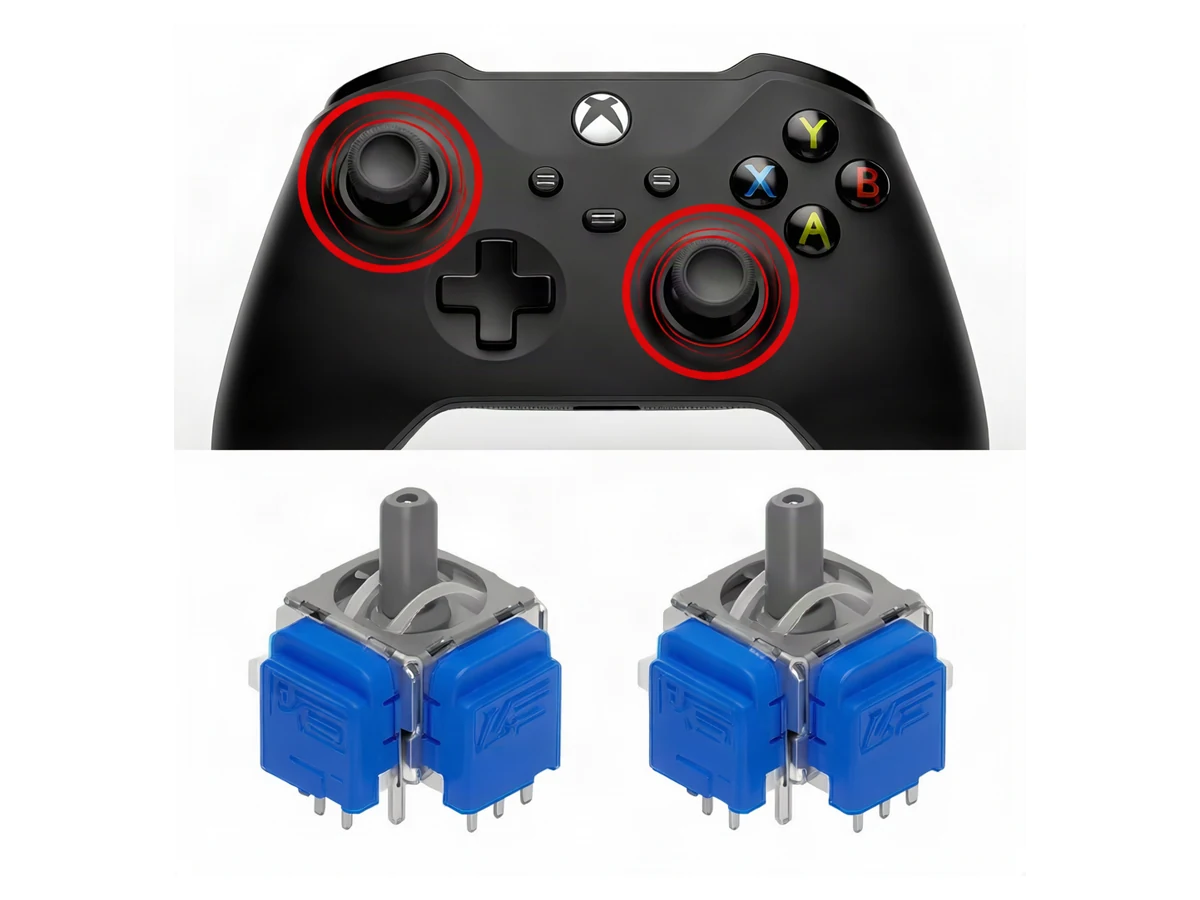 Xbox Series X and Series S controller with both analog sticks highlighted and replacement modules shown