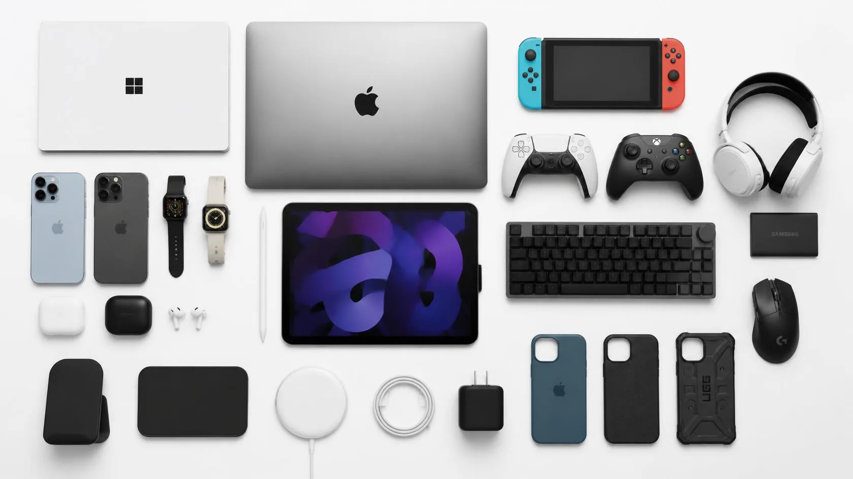 Phones, computers, tablet, game console accessories, audio gear, cases, charging gear, and controllers